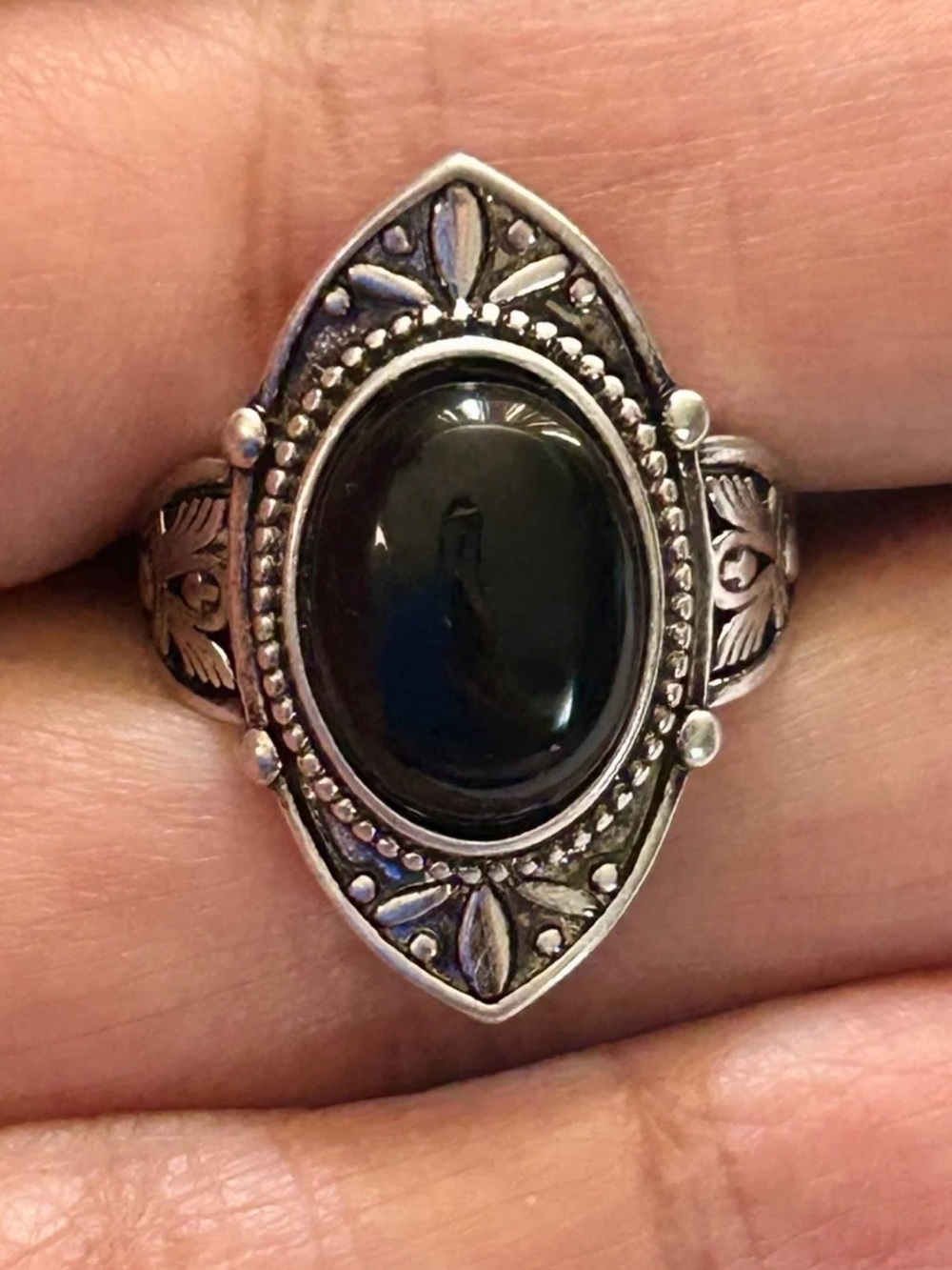 Sterling Silver S925 Black Obsidian Crystal Oval Ring Gemstone